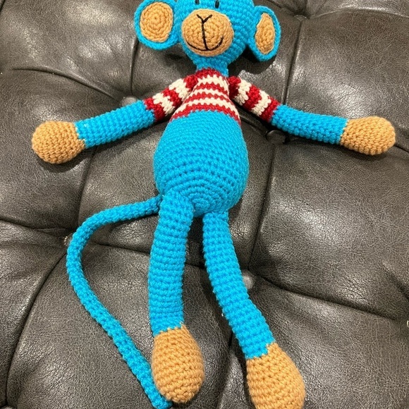 Blue Knit Monkey With Red and White Stripes - Picture 2 of 4